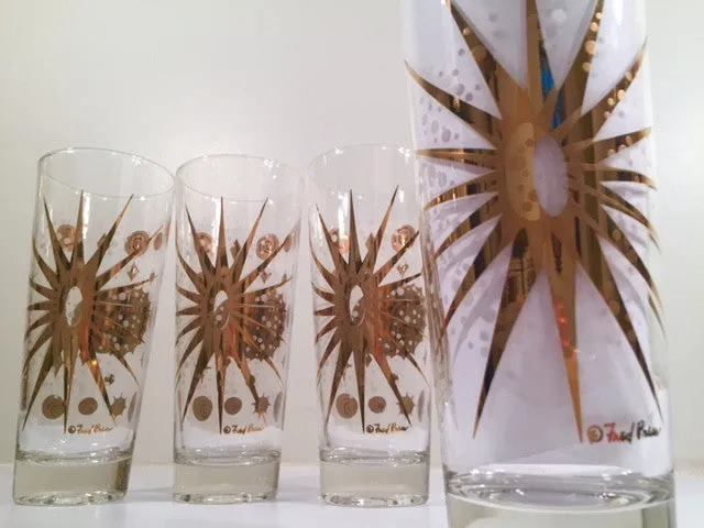 Fred Press - Signed Mid-Century Frosted White & 22-Karat Gold Atomic Starburst Collins Glasses (Set of 4)