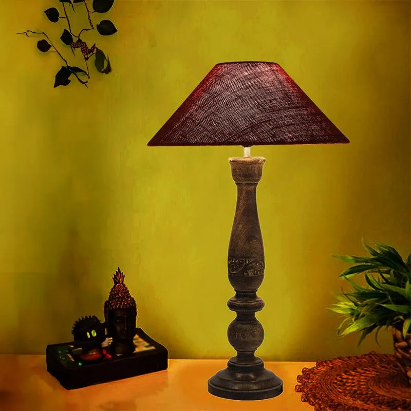 Nihara Wooden Table Lamp With Jute Shade - Maroon