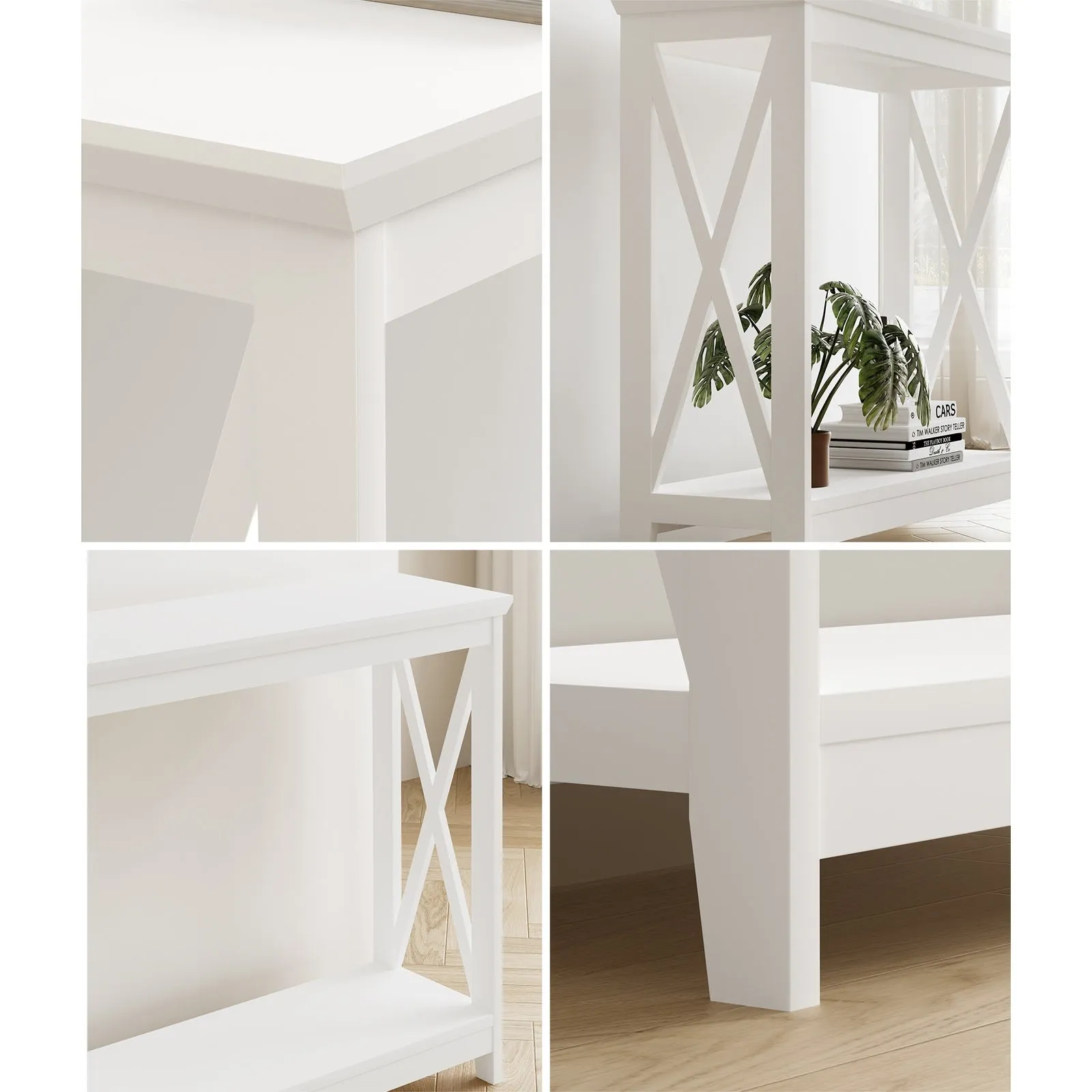 Oikiture 2-Tier Console Table X-Design Wood Sofa Table Hall Side Entry White