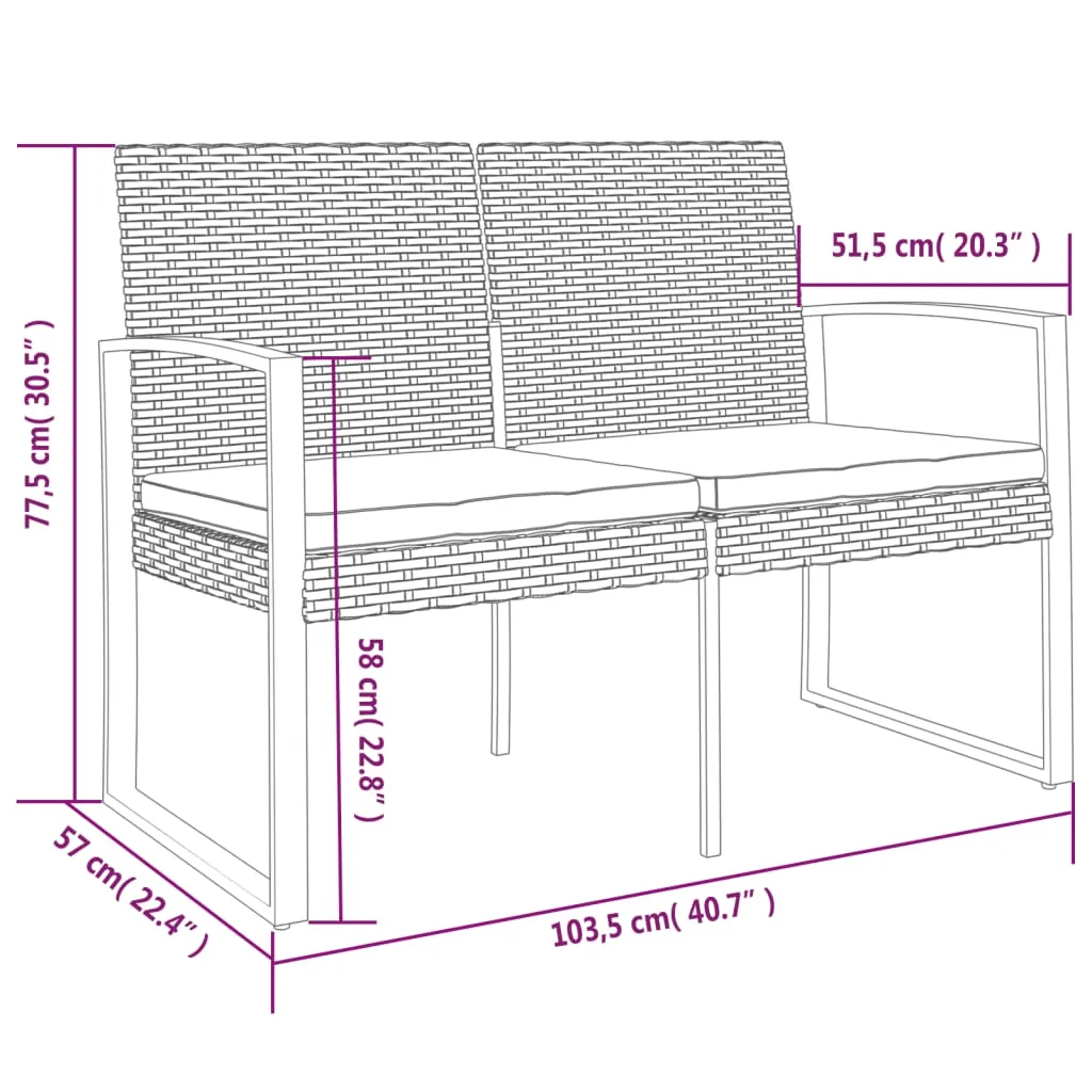 Outdoor Bench 2-Seater Bench with Cushions for Porch Deck PP Rattan