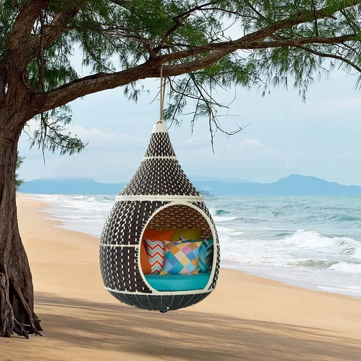 Palace Outdoor Patio Wicker Rattan Hanging Pod Brown Turquoise