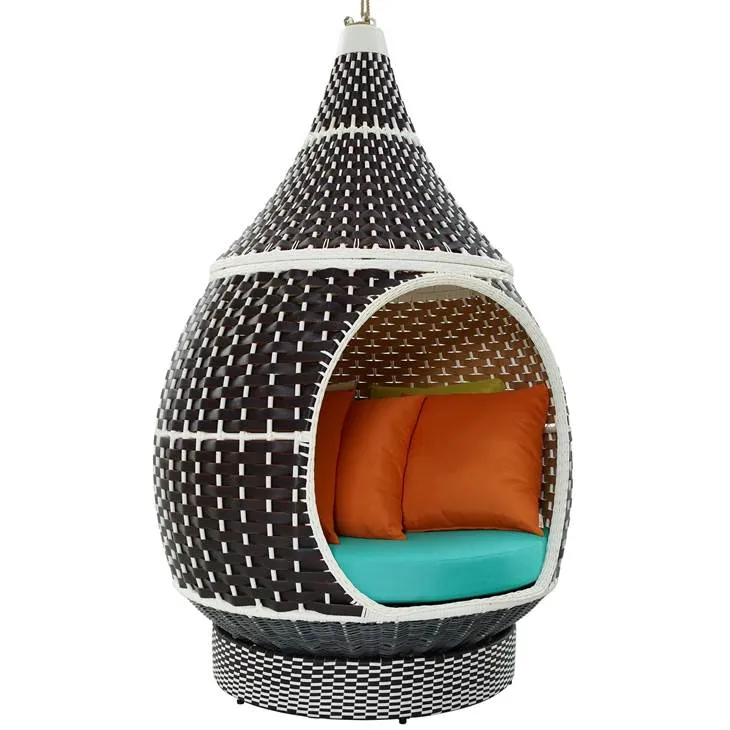 Palace Outdoor Patio Wicker Rattan Hanging Pod Brown Turquoise