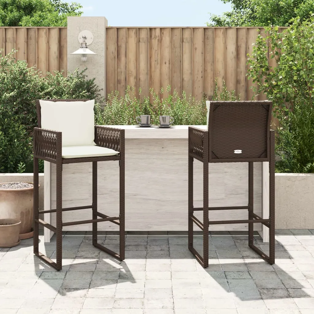 Patio Bar Stools with Cushions 2 pcs Brown Poly Rattan