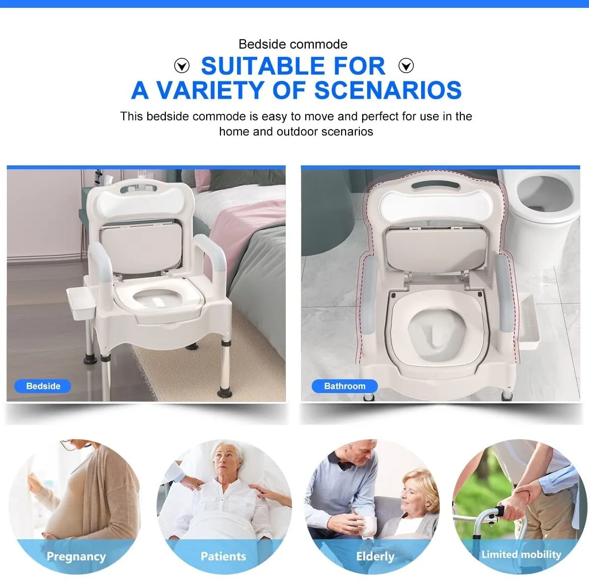 Portable Home Bedside Commode Chair I Adult Potty Chair for Seniors I Height Adjustable Mobile Portable Toilet