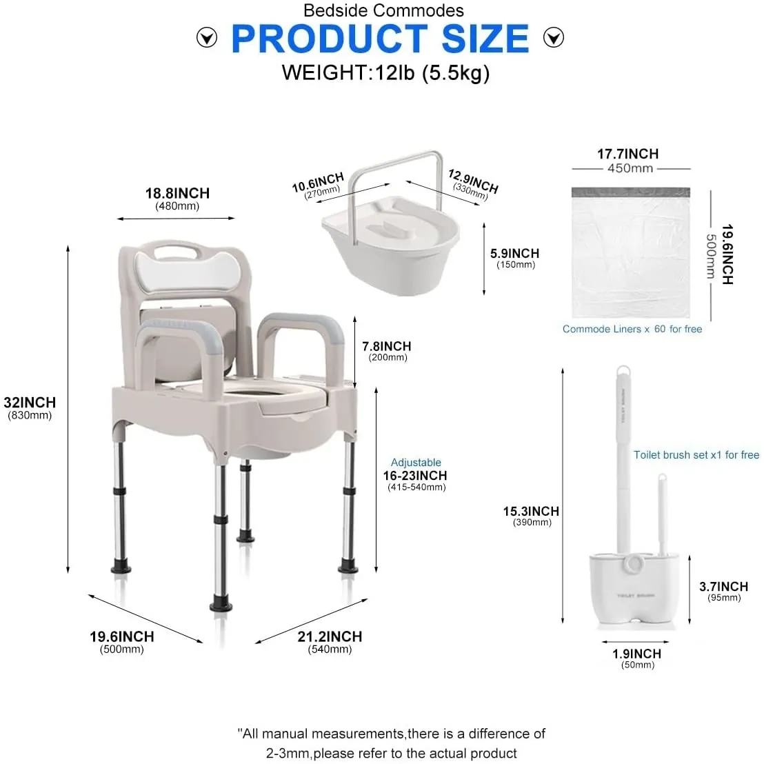 Portable Home Bedside Commode Chair I Adult Potty Chair for Seniors I Height Adjustable Mobile Portable Toilet