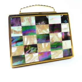 Rare Mother Of Pearl And Abalone Mascot Handbag Musical Powder Box