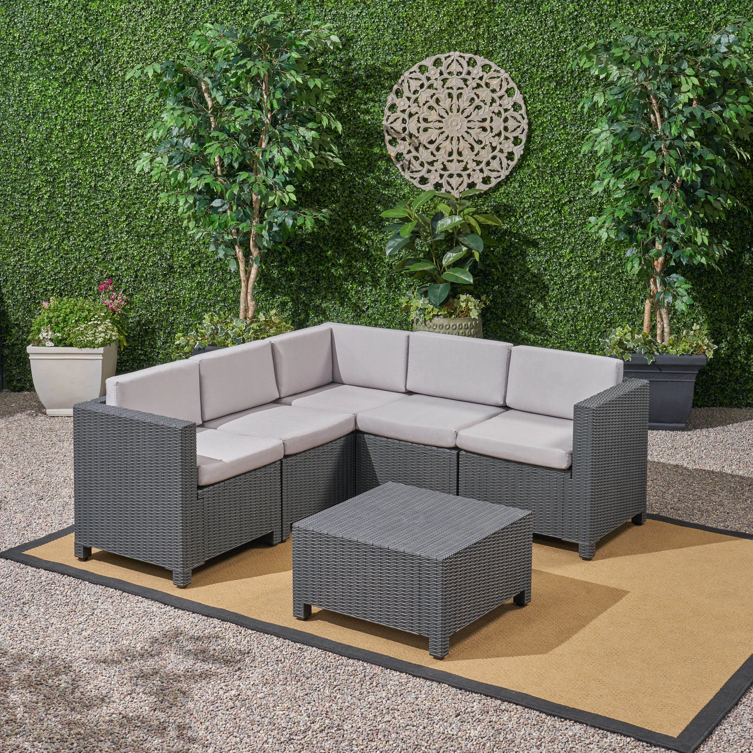 Riley Outdoor All Weather Faux Wicker 5 Seater Sectional Sofa Set with Cushions
