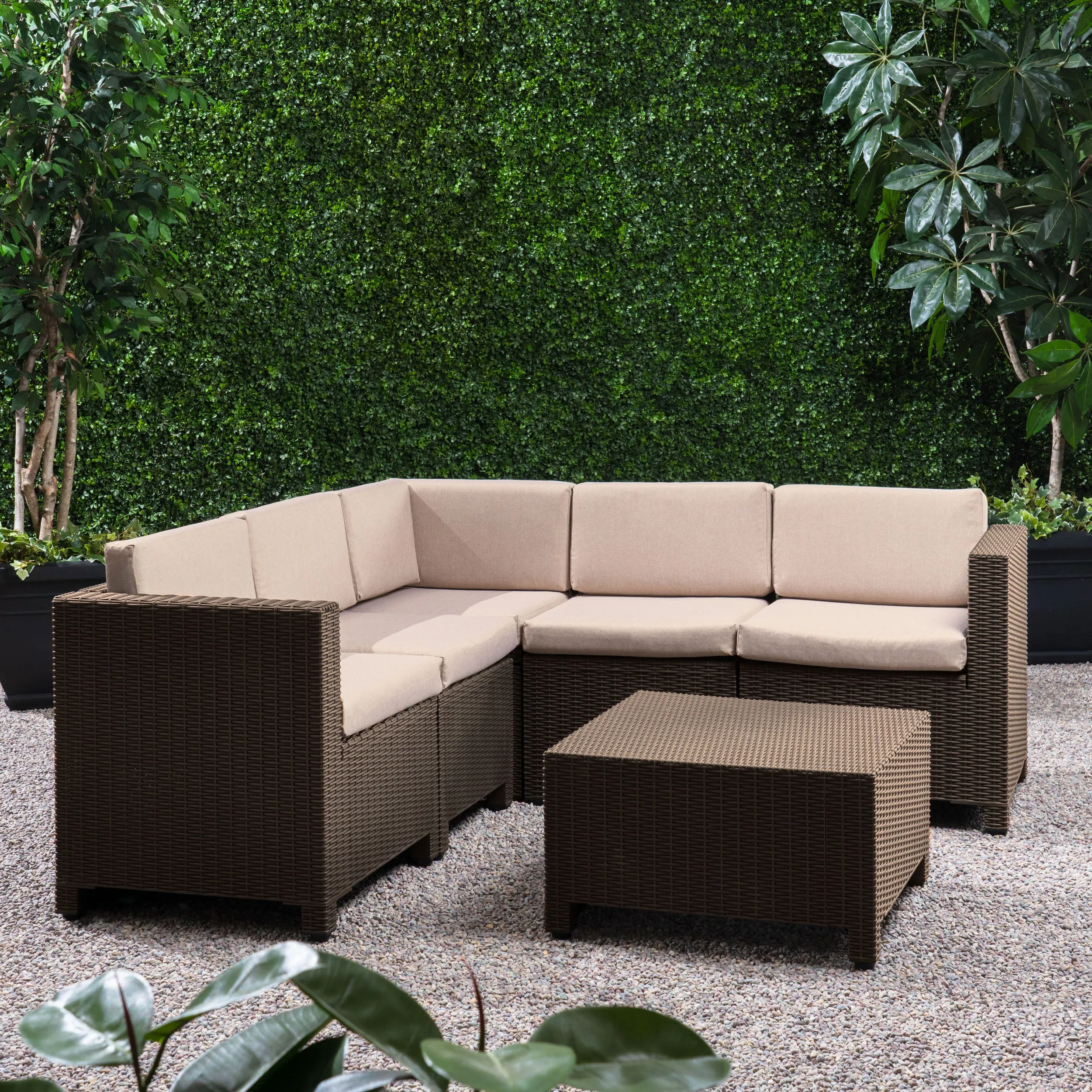 Riley Outdoor All Weather Faux Wicker 5 Seater Sectional Sofa Set with Cushions