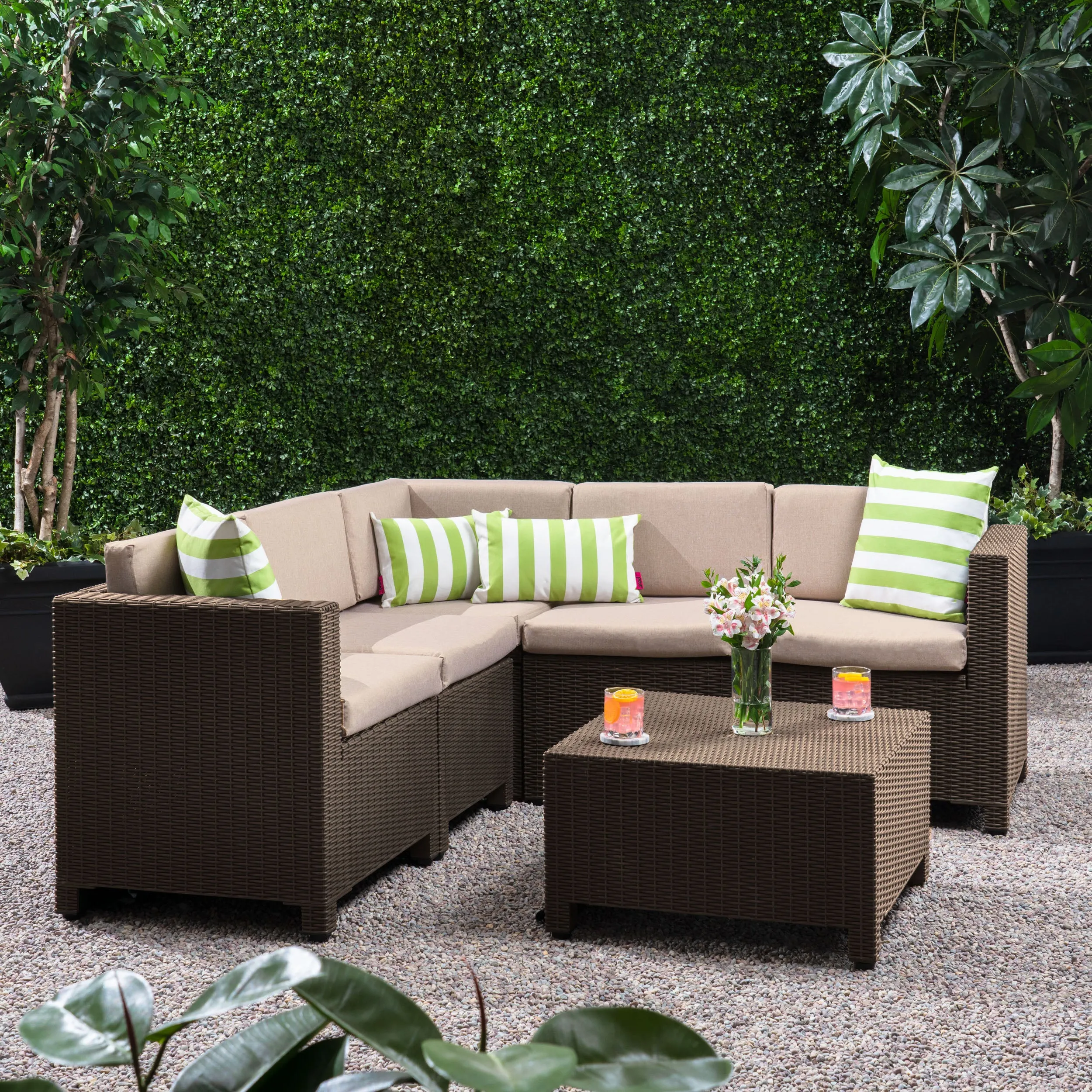 Riley Outdoor All Weather Faux Wicker 5 Seater Sectional Sofa Set with Cushions
