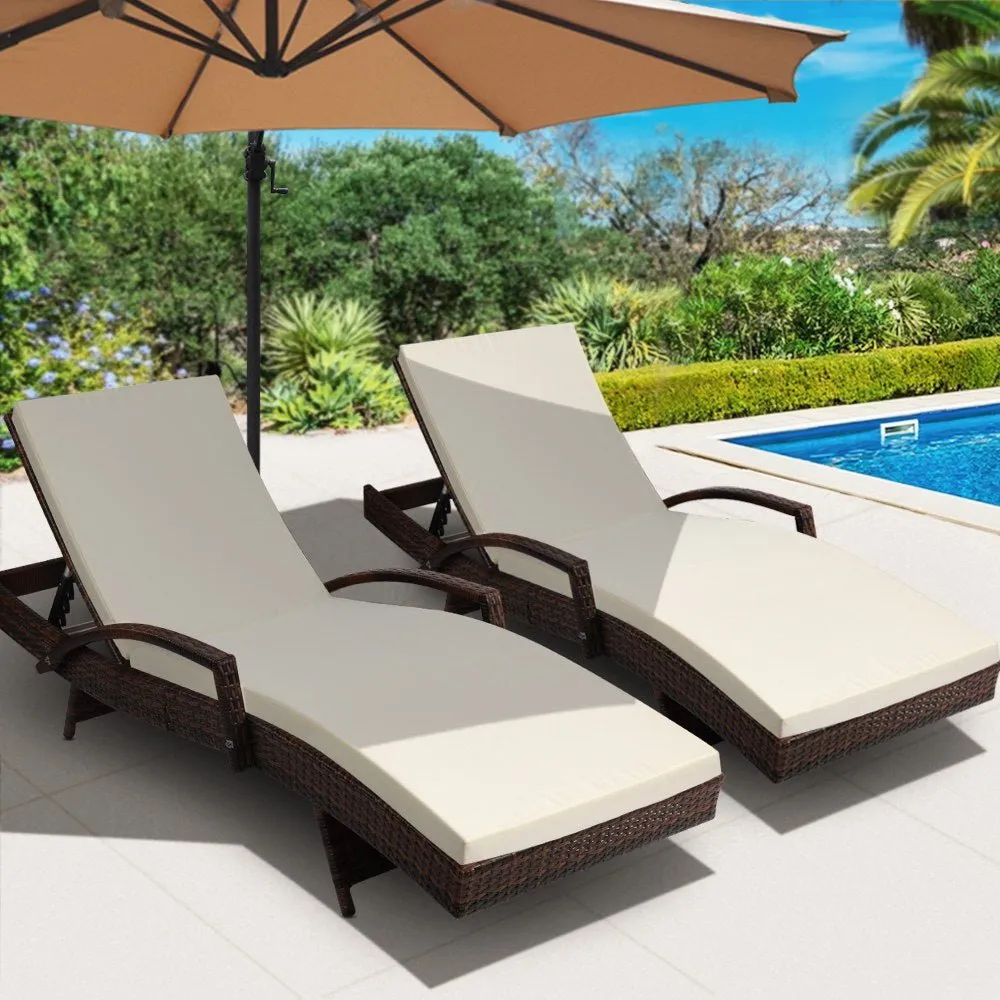 Set of 2 Bianca Outdoor Sun Lounger Chairs with Cushion - Brown