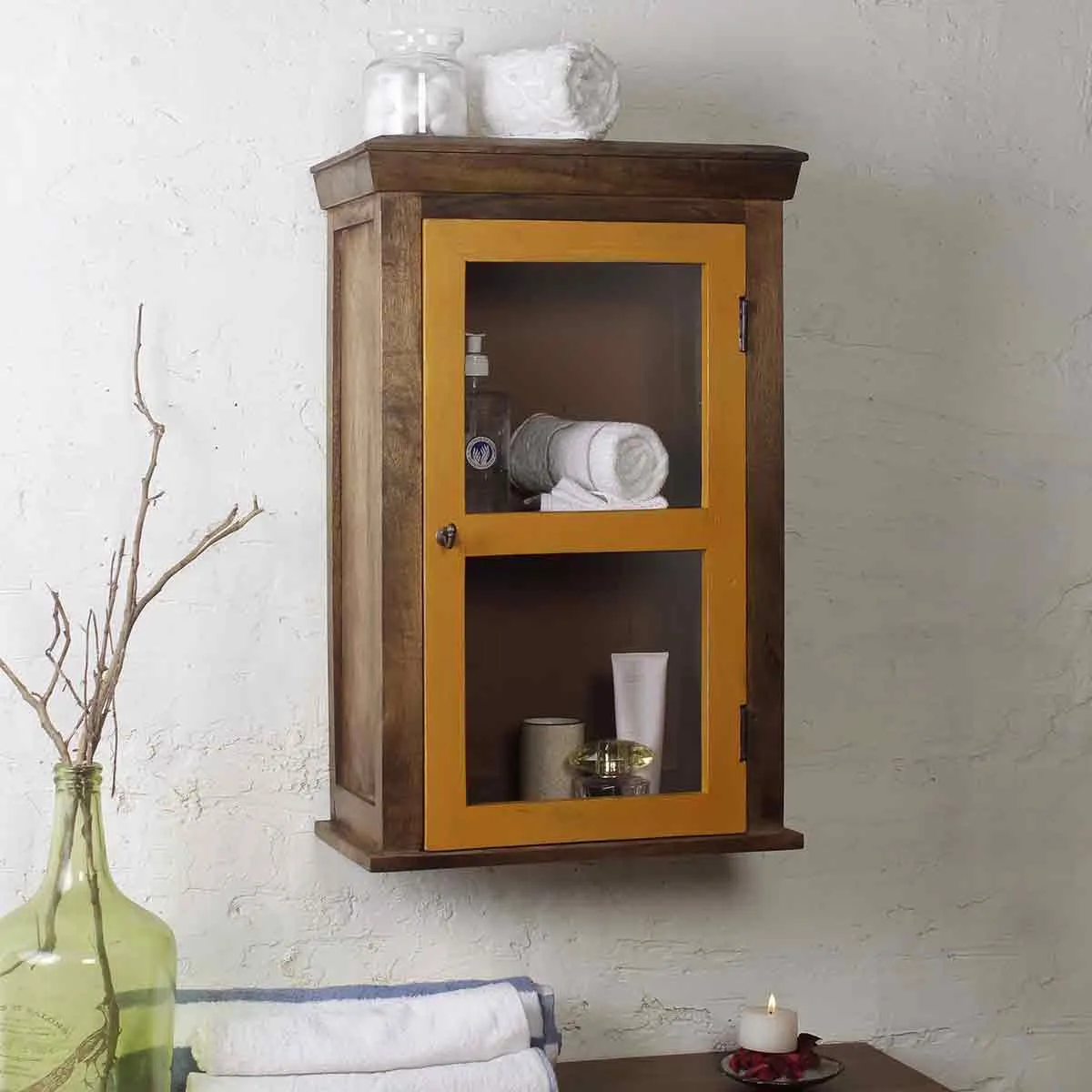Solid Wood Vintage Yellow Bathroom Cabinet