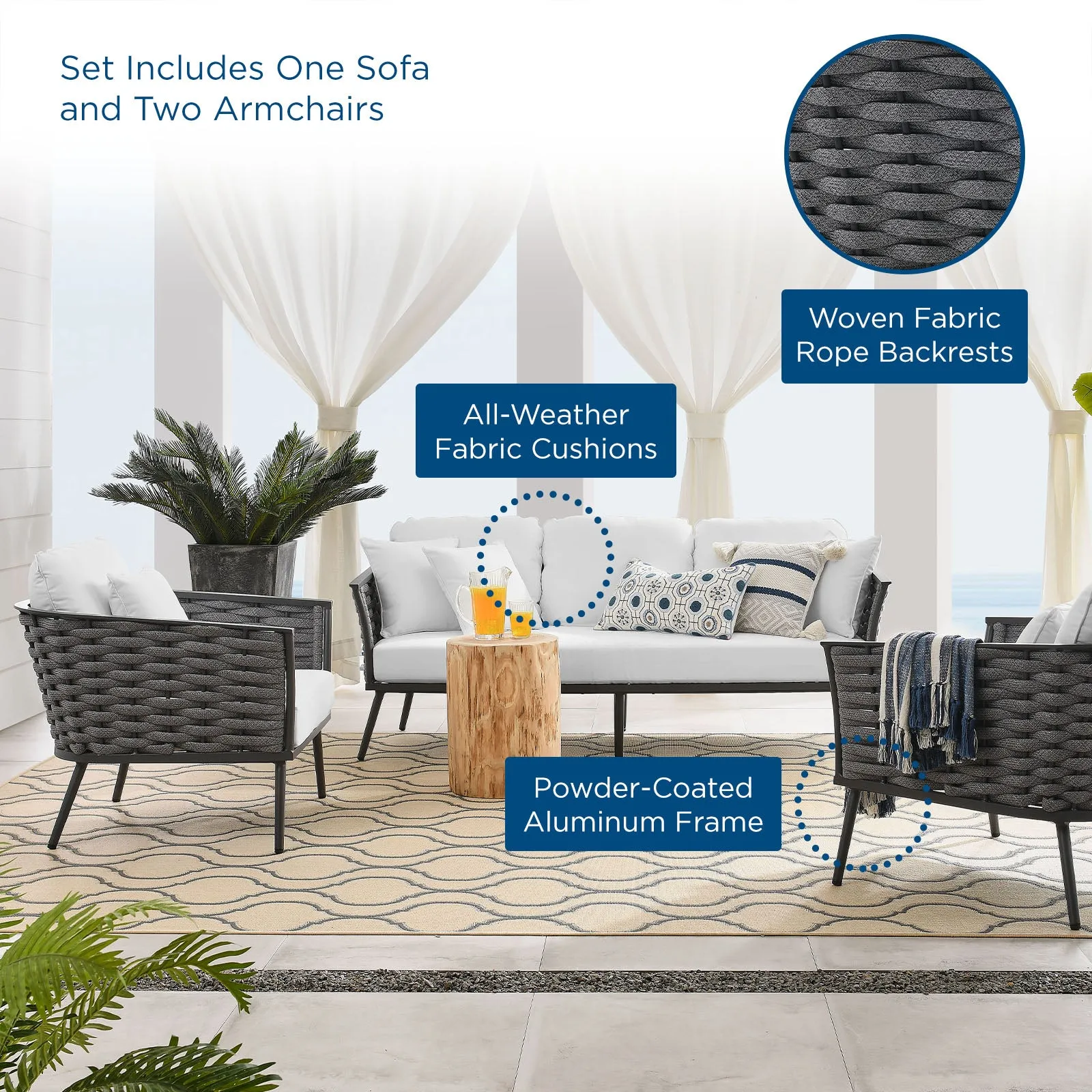 Stance 3 Piece Outdoor Patio Aluminum Sectional  Sofa Set