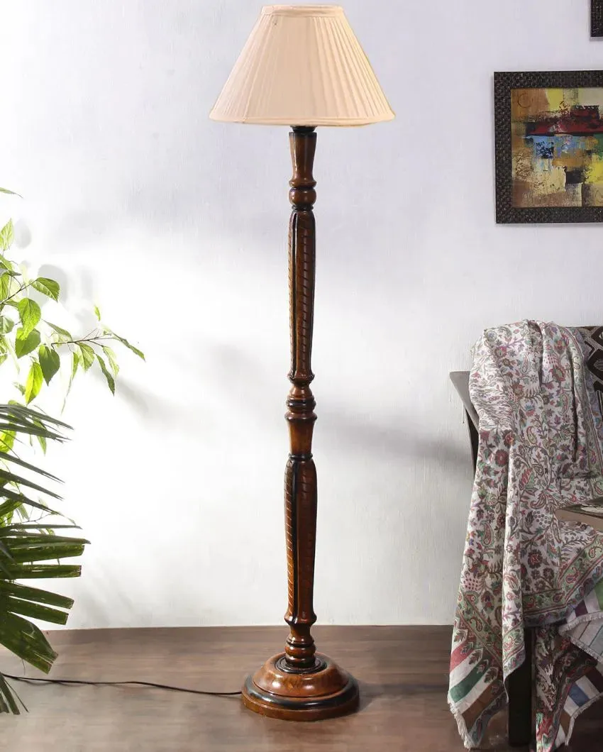 Straight Pleated Off White Cotton Wooden Floor Lamp | 5 Feet