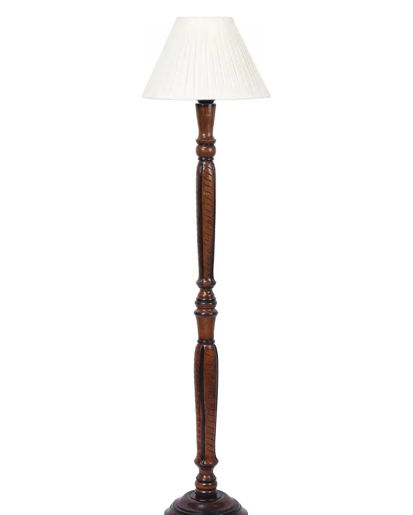 Straight Pleated Off White Cotton Wooden Floor Lamp | 5 Feet