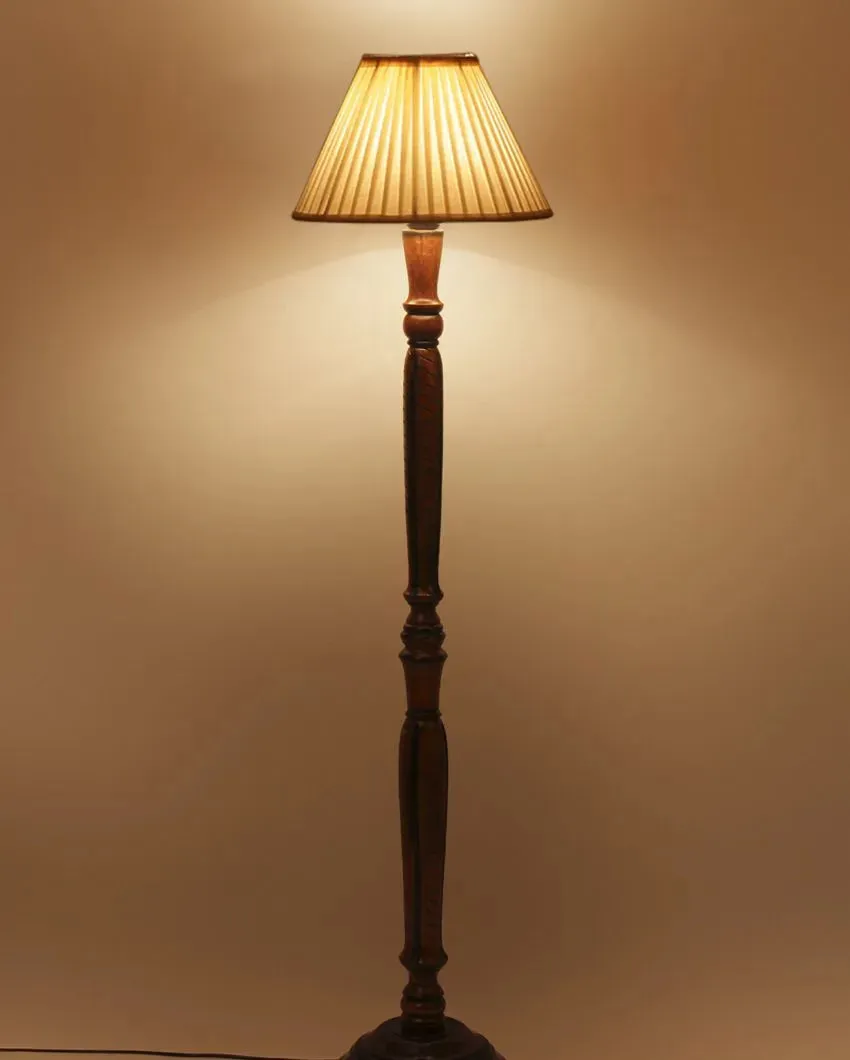 Straight Pleated Off White Cotton Wooden Floor Lamp | 5 Feet