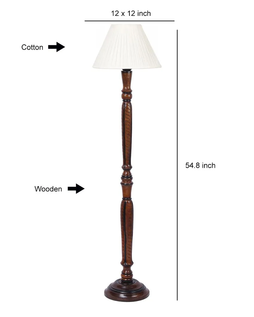 Straight Pleated Off White Cotton Wooden Floor Lamp | 5 Feet