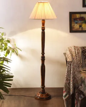 Straight Pleated Off White Cotton Wooden Floor Lamp | 5 Feet
