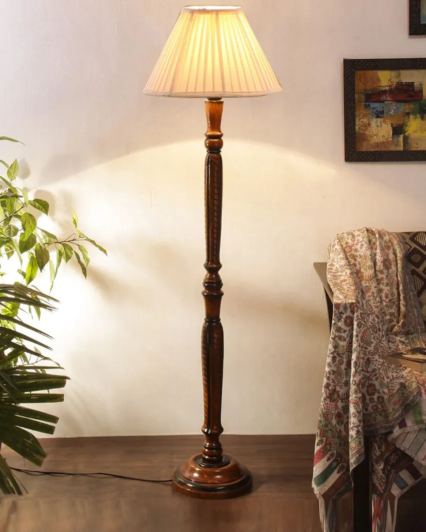 Straight Pleated Off White Cotton Wooden Floor Lamp | 5 Feet
