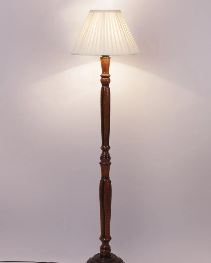 Straight Pleated Off White Cotton Wooden Floor Lamp | 5 Feet