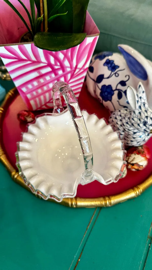 Vintage Basket, Fenton Glass, White and Clear Glass, Silver Crest Spanish Lace Design