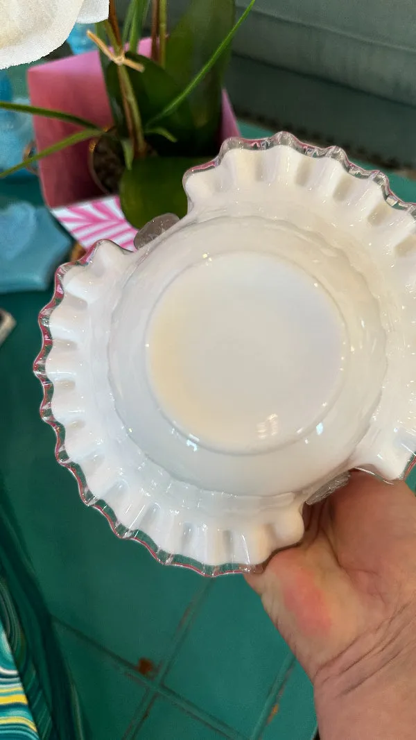 Vintage Basket, Fenton Glass, White and Clear Glass, Silver Crest Spanish Lace Design