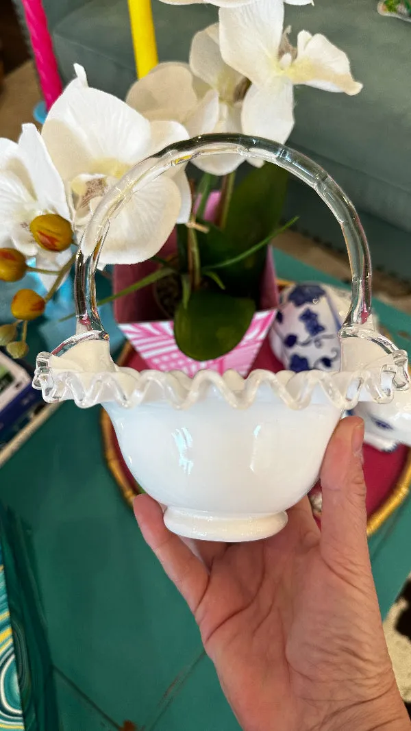 Vintage Basket, Fenton Glass, White and Clear Glass, Silver Crest Spanish Lace Design