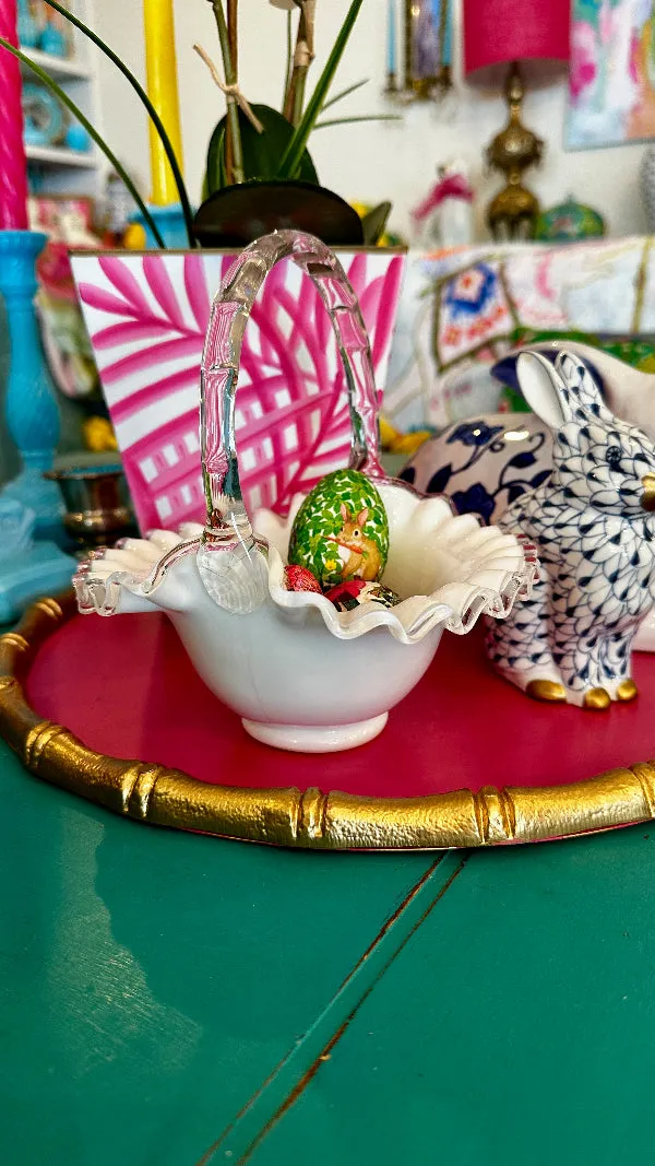 Vintage Basket, Fenton Glass, White and Clear Glass, Silver Crest Spanish Lace Design
