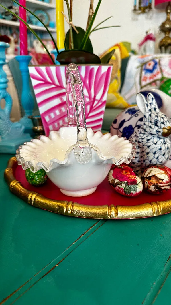 Vintage Basket, Fenton Glass, White and Clear Glass, Silver Crest Spanish Lace Design